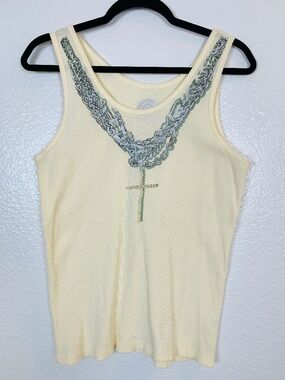 Double D Ranch Ivory Tank Top Womens Large Silver Beaded Cross Ribbed Western